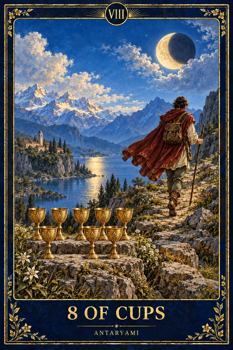 Original Antaryami Eight of Cups artwork showing a cloaked figure walking away from eight stacked cups toward mountains under a moon.