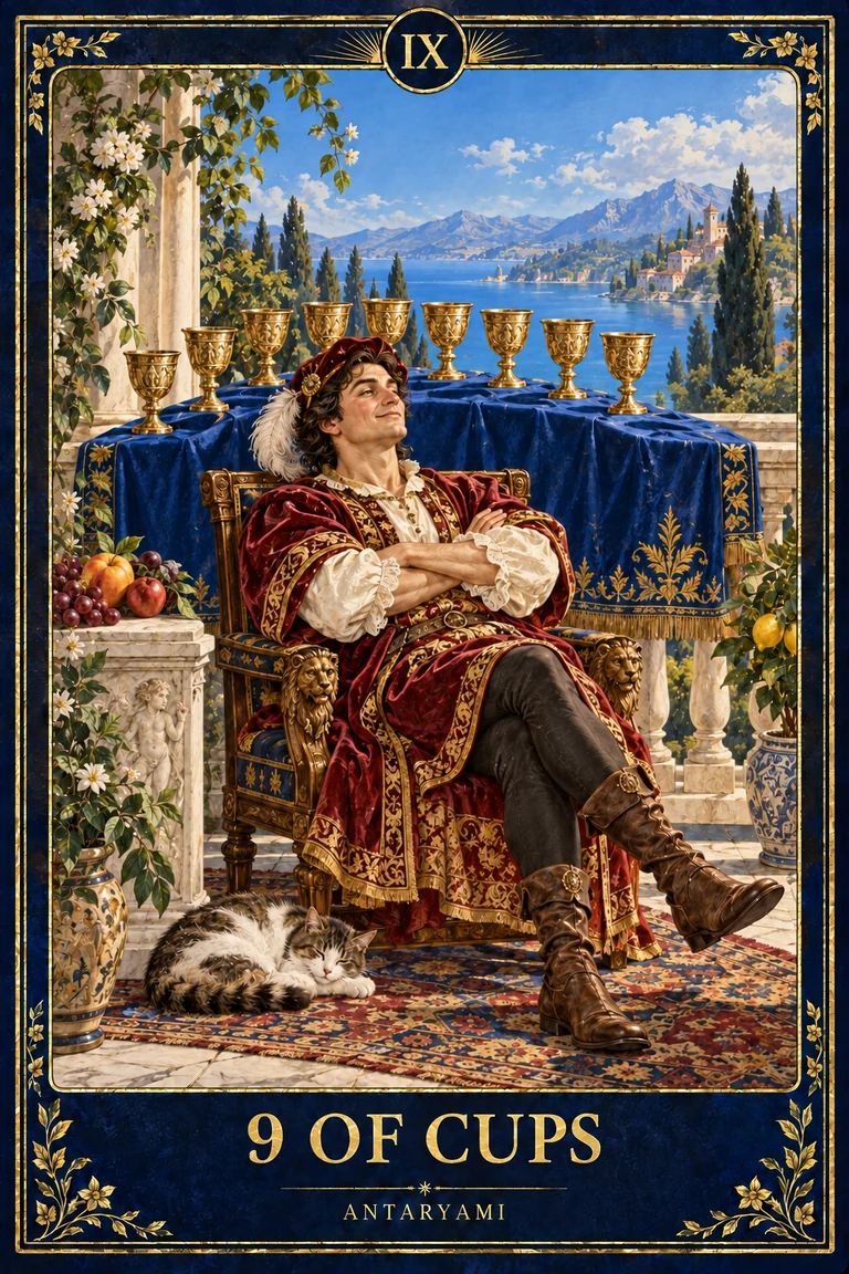 Original Antaryami Nine of Cups artwork showing a smiling seated figure before nine cups on a blue-clothed counter.