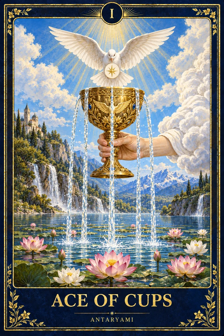 Original Antaryami Ace of Cups artwork showing an ornate cup held above water with falling streams, a white dove and lotus flowers.