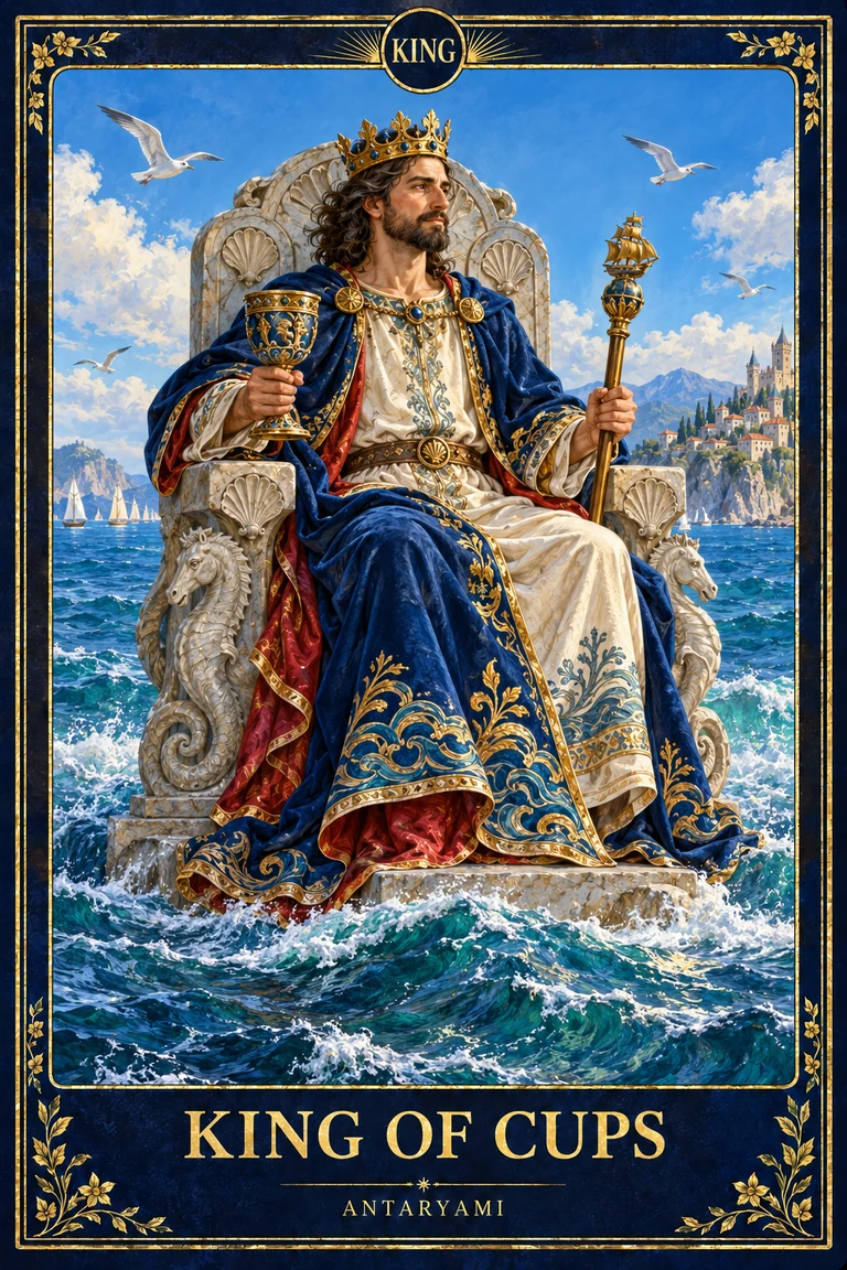 Original Antaryami King of Cups on a throne amid blue sea waves, holding a cup and sceptre against a bright mountain horizon.