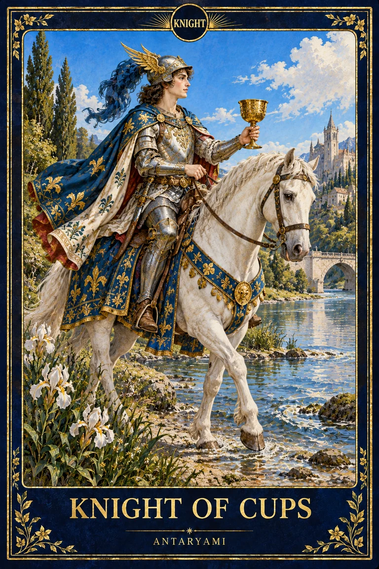 Original Antaryami Knight of Cups artwork showing a rider on a white horse carrying a cup beside a stream in an open landscape.