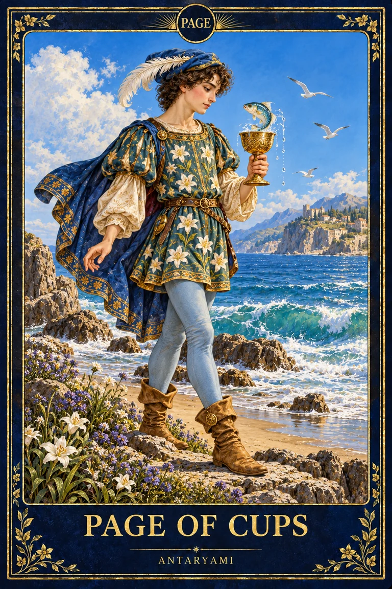 Original Antaryami Page of Cups artwork showing a blue-clad figure looking at a fish emerging from a cup near the coast.