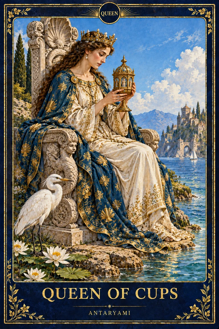 Original Antaryami Queen of Cups seated beside water with an ornate covered cup, a carved throne and a white coastal bird.