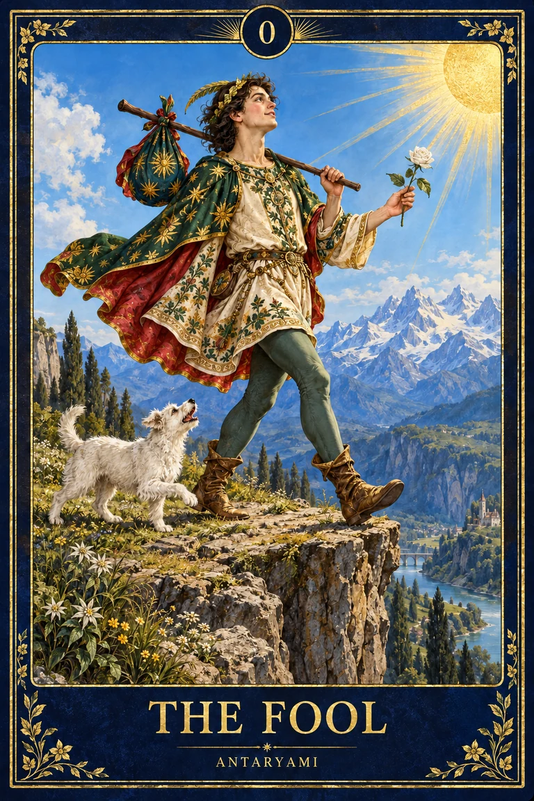 Original Antaryami Fool tarot artwork: a traveller, white dog and small bundle at a bright mountain cliff.