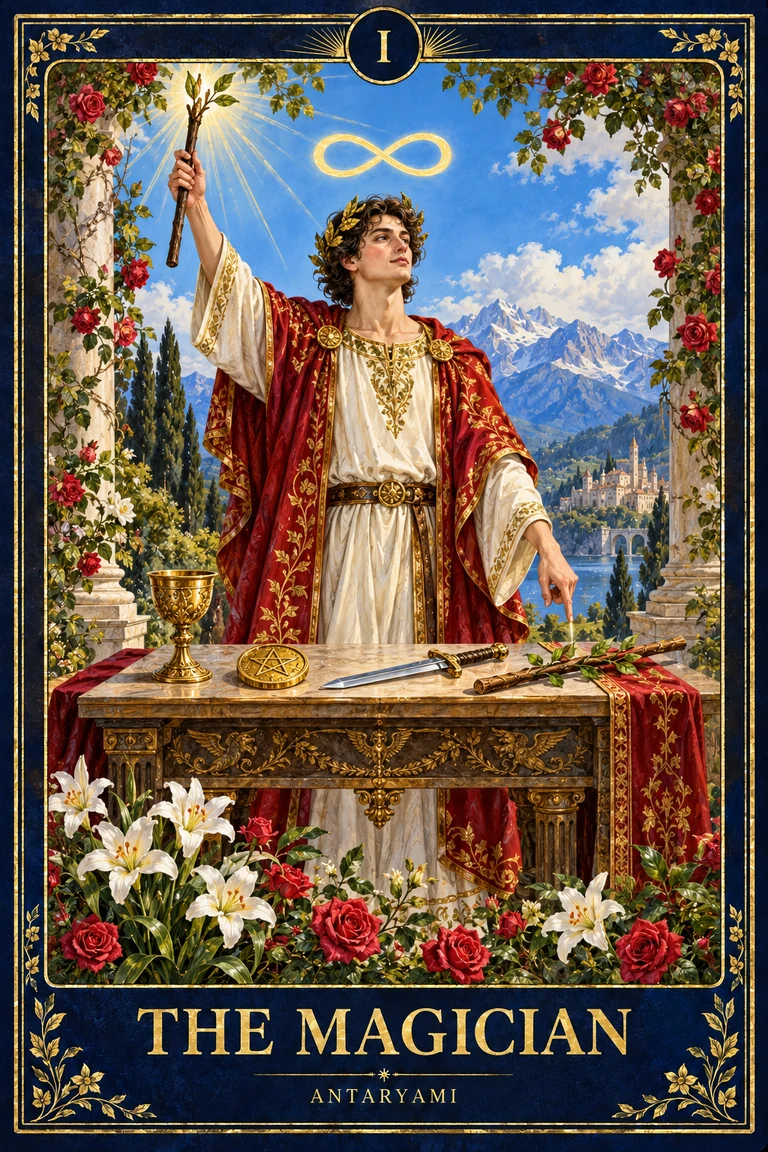 Original Antaryami Magician tarot illustration with a raised wand, four suit objects, flowers and an infinity symbol.