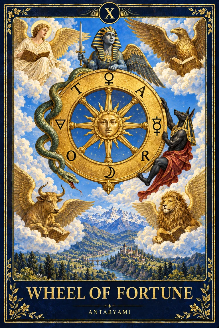 Original Antaryami Wheel of Fortune tarot artwork with a golden celestial wheel, a sphinx, surrounding figures and four winged corner creatures.