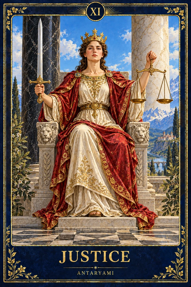Original Antaryami Justice tarot artwork showing a crowned seated figure in red and ivory holding an upright sword and balance scales between stone pillars.