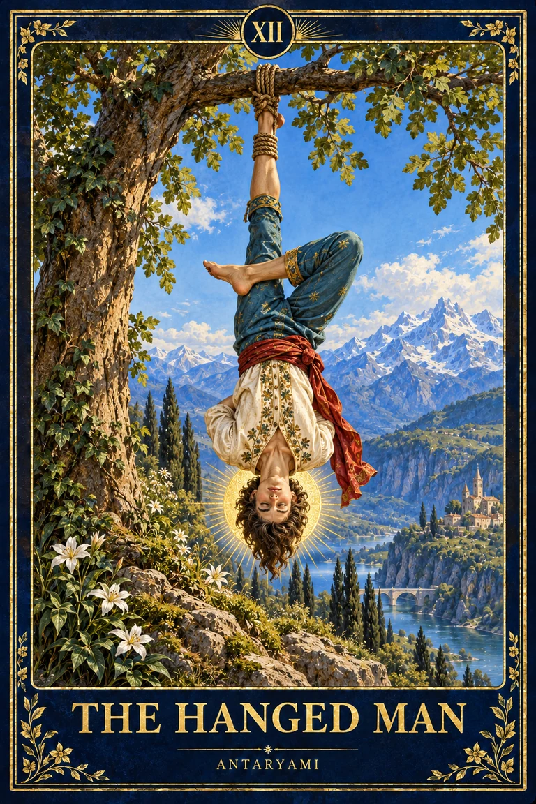 Original Antaryami Hanged Man tarot artwork showing a calm haloed figure suspended by one ankle from a leafy tree above a mountain landscape.