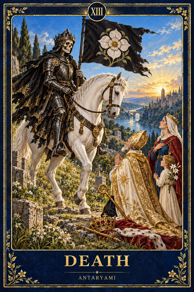 Original Antaryami Death tarot artwork showing an armoured skeletal rider on a white horse carrying a black banner with a white flower beside figures and a distant sunrise.