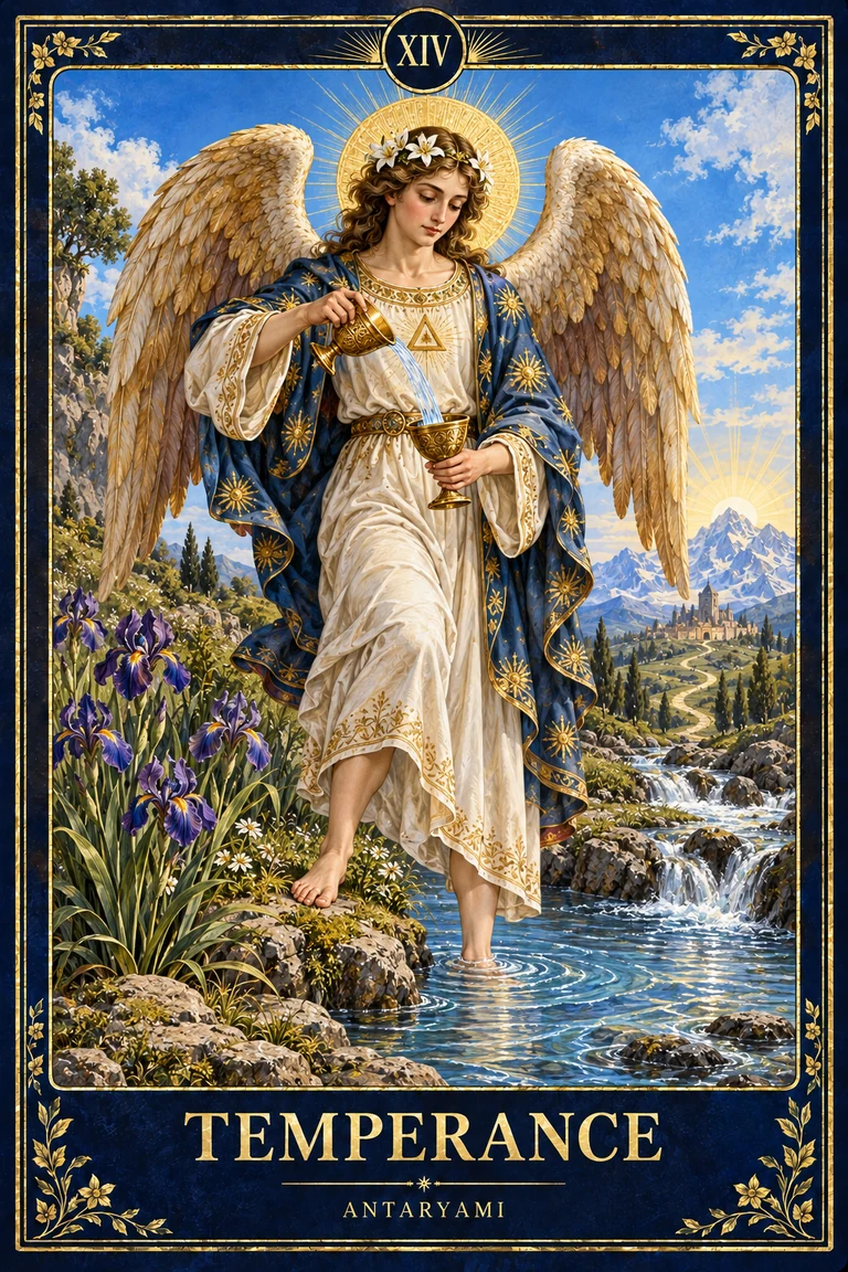 Original Antaryami Temperance tarot artwork showing a winged robed figure pouring between two cups with one foot near water and the other on land.