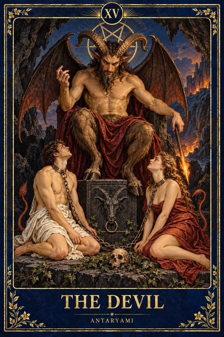 Original Antaryami Devil tarot artwork with a horned winged figure above two human figures linked by chains in a dark stone setting.