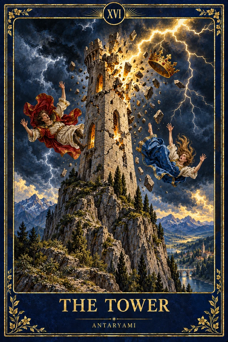 Original Antaryami Tower tarot artwork showing lightning striking a tall stone tower, a displaced crown, flames and falling figures beneath storm clouds.
