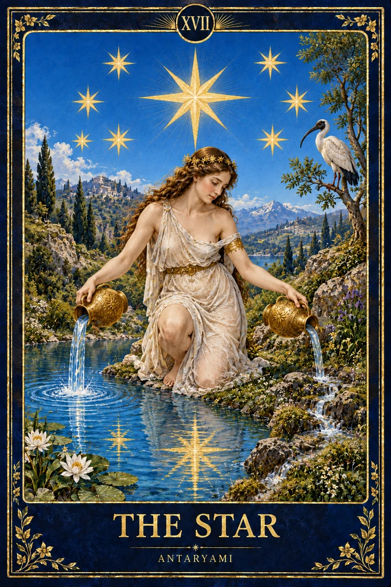 Original Antaryami Star tarot artwork showing a figure beside a clear pool pouring from two vessels beneath a large golden star and smaller stars, with a bird nearby.