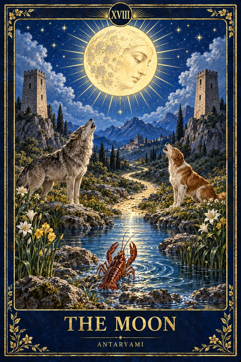 Original Antaryami Moon tarot artwork showing a luminous moon above two towers, a dog and wolf beside a winding path and a crustacean emerging from water.