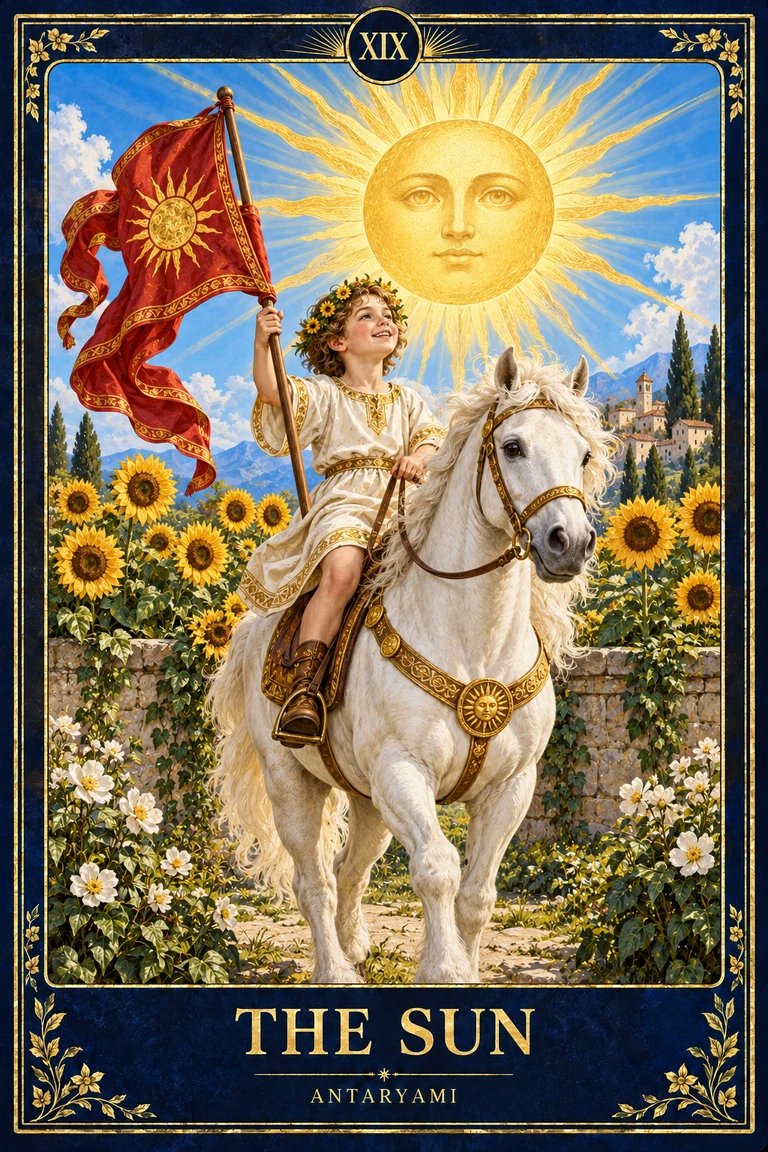 Original Antaryami Sun tarot artwork showing a young figure on a white horse with a red banner beneath a radiant sun, surrounded by sunflowers.