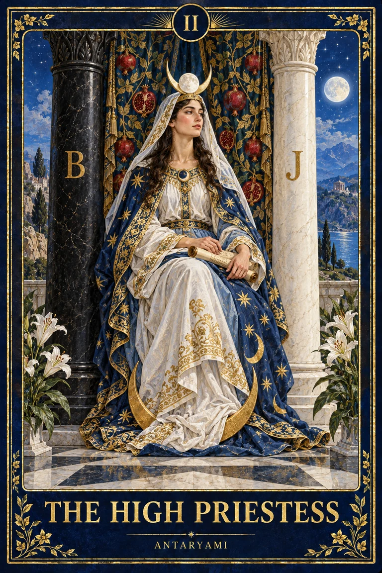 Original Antaryami High Priestess tarot artwork with a seated figure between dark and light pillars, a veil and a crescent.