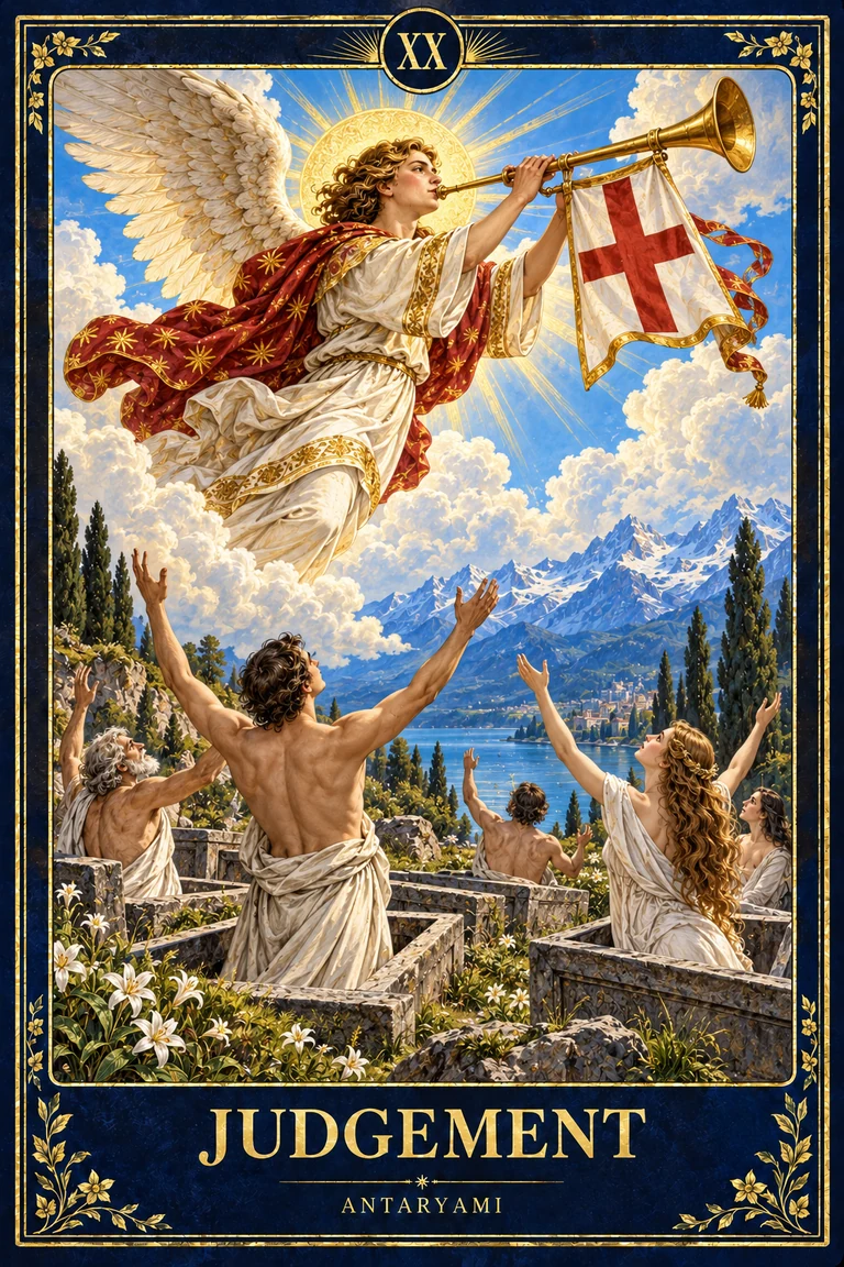 Original Antaryami Judgement tarot artwork showing a winged angel sounding a bannered trumpet above human figures raising their arms in a mountain landscape.