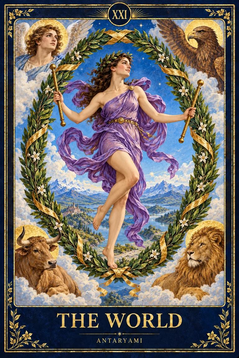 Original Antaryami World tarot artwork showing a central dancing figure draped in violet within a leafy wreath, surrounded by four corner figures.