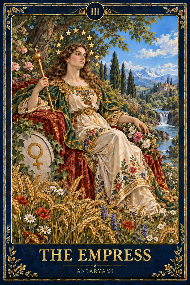 Original Antaryami Empress tarot artwork with a seated figure, twelve-star halo, wheat, water and a Venus-marked shield.