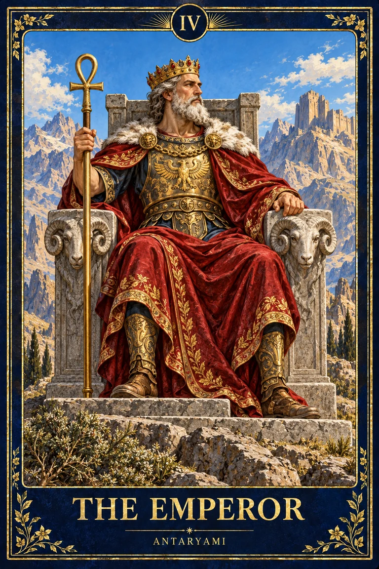 Original Antaryami Emperor tarot artwork depicting a crowned ruler on a ram-decorated stone throne beneath mountain peaks.