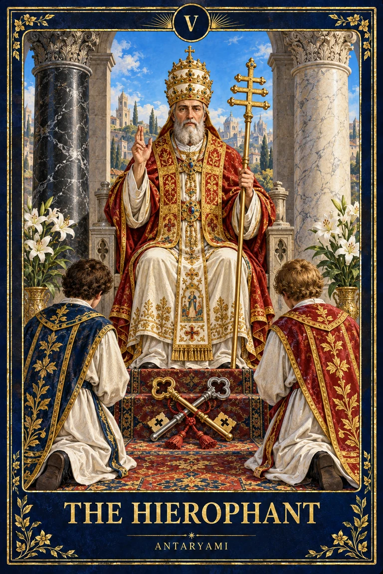 Original Antaryami Hierophant tarot artwork showing a crowned teacher between pillars, two listeners and crossed keys.
