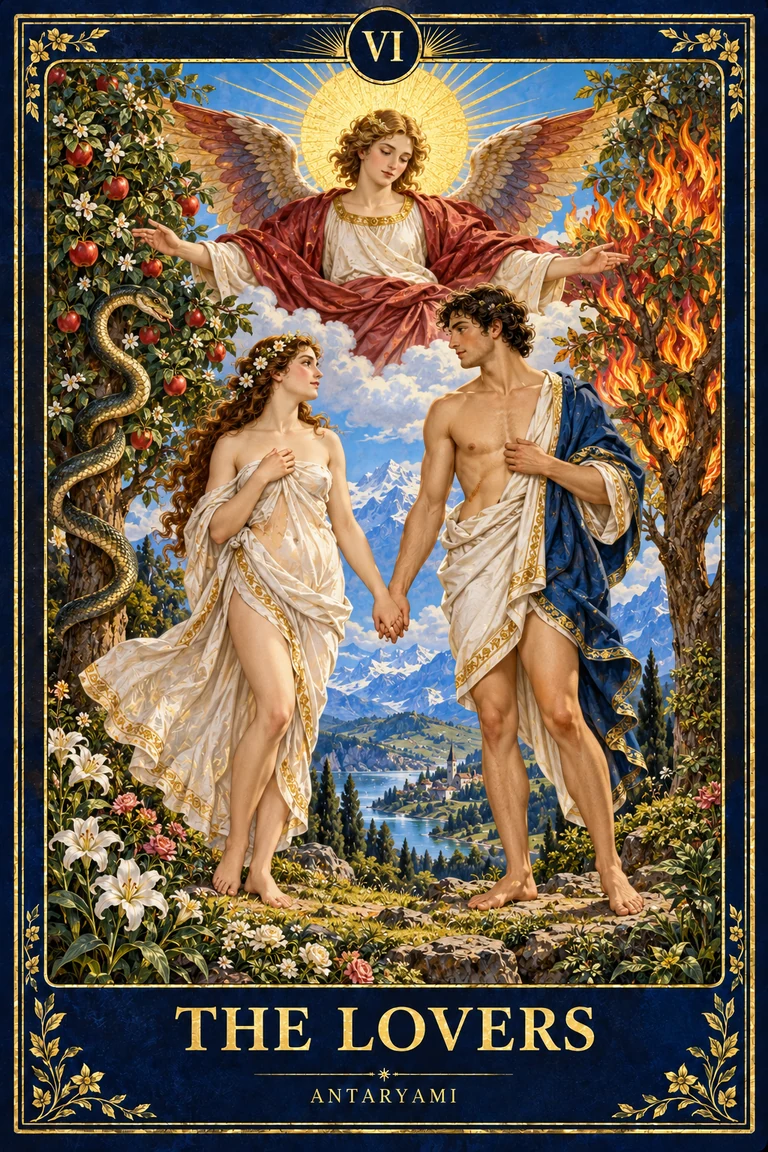Original Antaryami Lovers tarot artwork showing two adult figures, a winged figure, trees and a distant mountain in a bright garden.