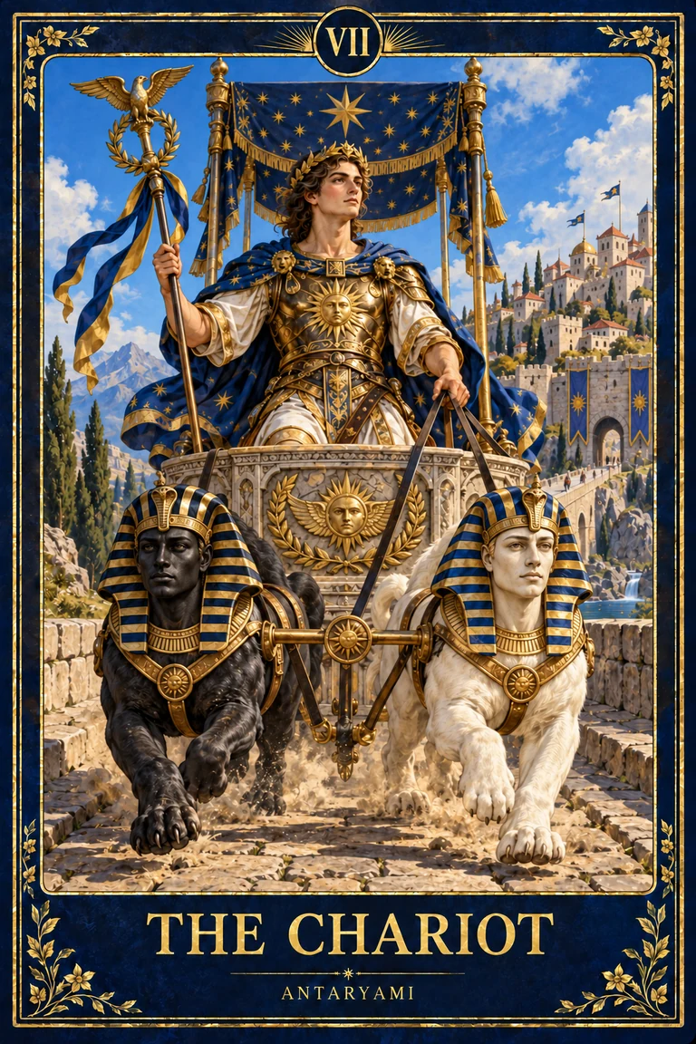 Original Antaryami Chariot tarot artwork with a crowned driver, starry canopy and contrasting sphinx figures before a distant city.