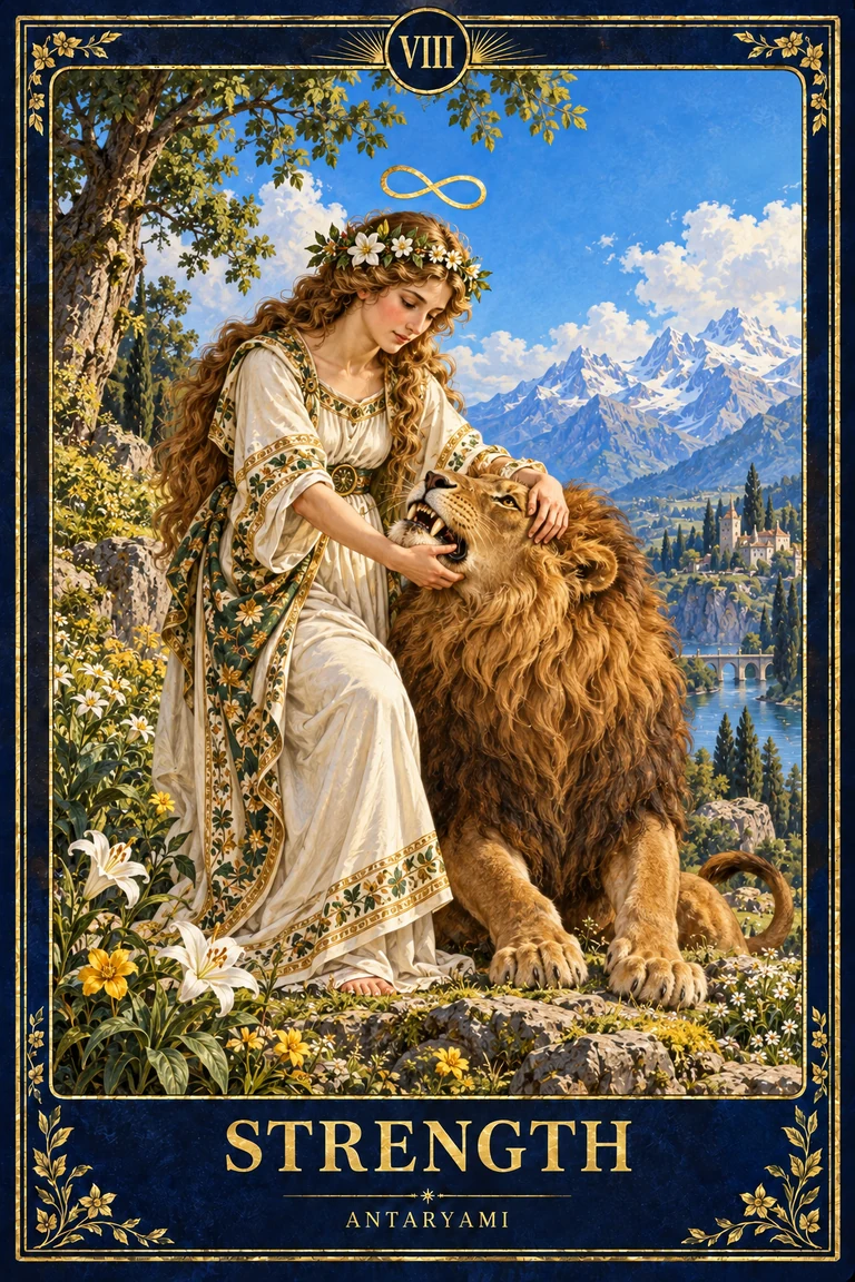 Original Antaryami Strength tarot artwork showing a flower-crowned woman beside a lion beneath an infinity motif.