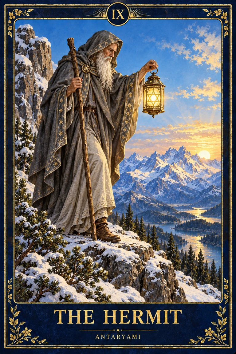 Original Antaryami Hermit tarot artwork showing a cloaked elder with a lantern and staff on a mountain path.