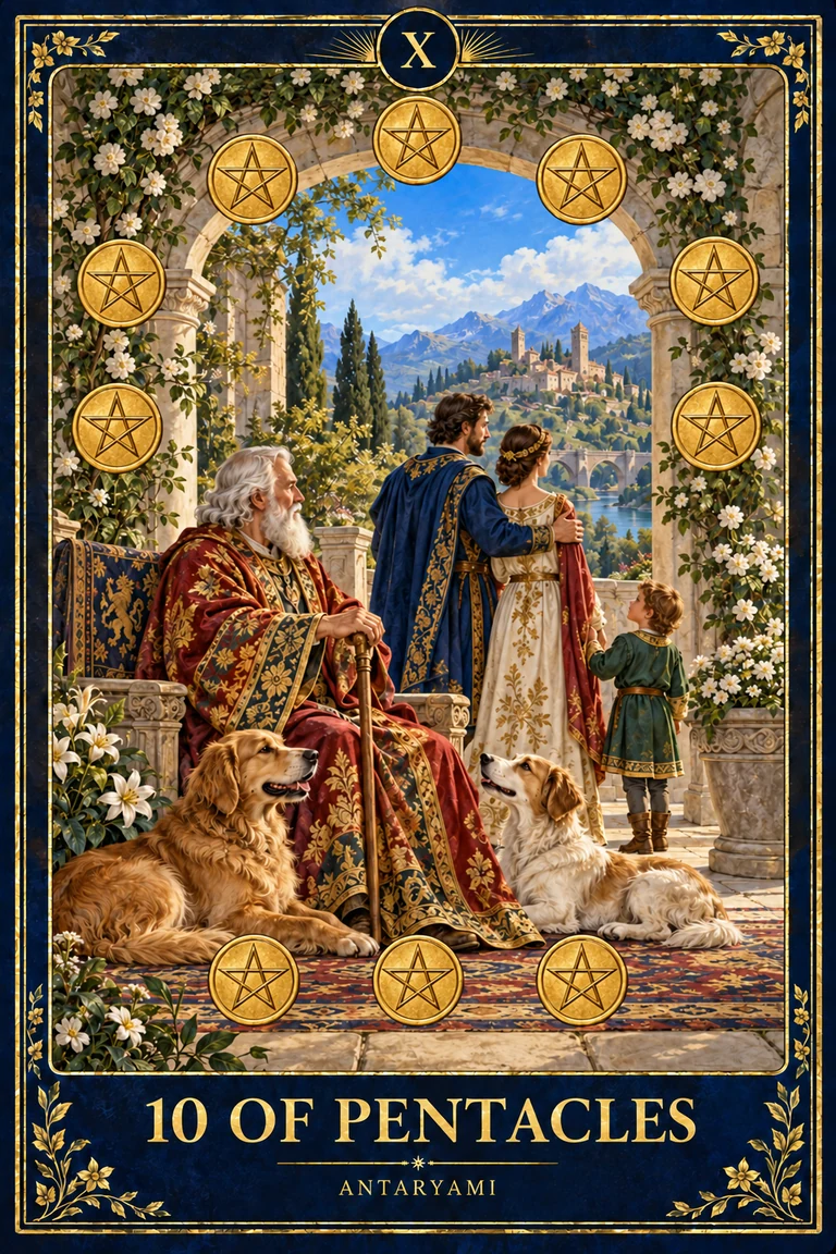 Original Antaryami Ten of Pentacles showing several generations gathered beneath a stone arch, with dogs, a child and ten pentacles framing a prosperous town scene.