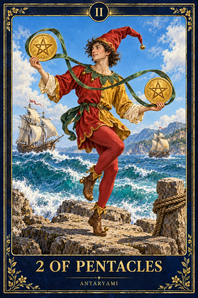 Original Antaryami Two of Pentacles showing a red-capped figure balancing two pentacles joined by a looping cord beside a rolling sea with ships.