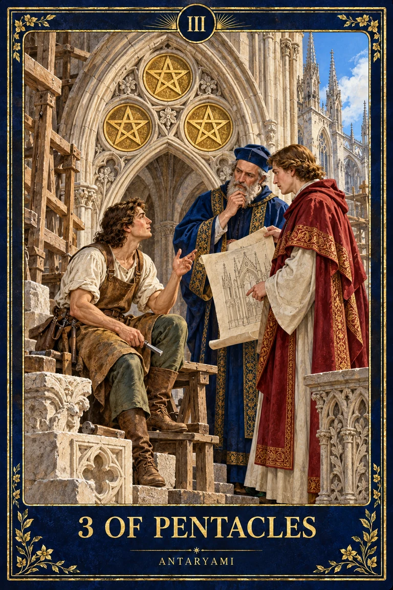 Original Antaryami Three of Pentacles showing a seated craftsperson and two standing collaborators examining plans beneath three pentacles in a stone arch.