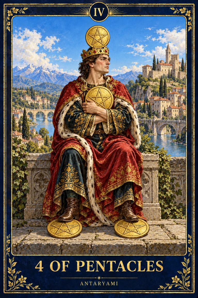 Original Antaryami Four of Pentacles showing a crowned seated figure holding one pentacle, with another above the crown and two beneath the feet beside a river city.