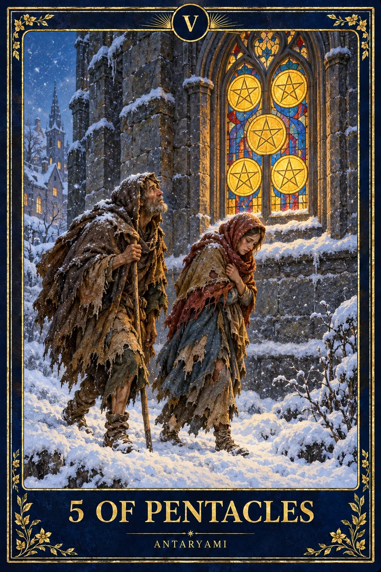 Original Antaryami Five of Pentacles showing two cloaked figures walking through snow outside a stone building with five pentacles in a lit window.