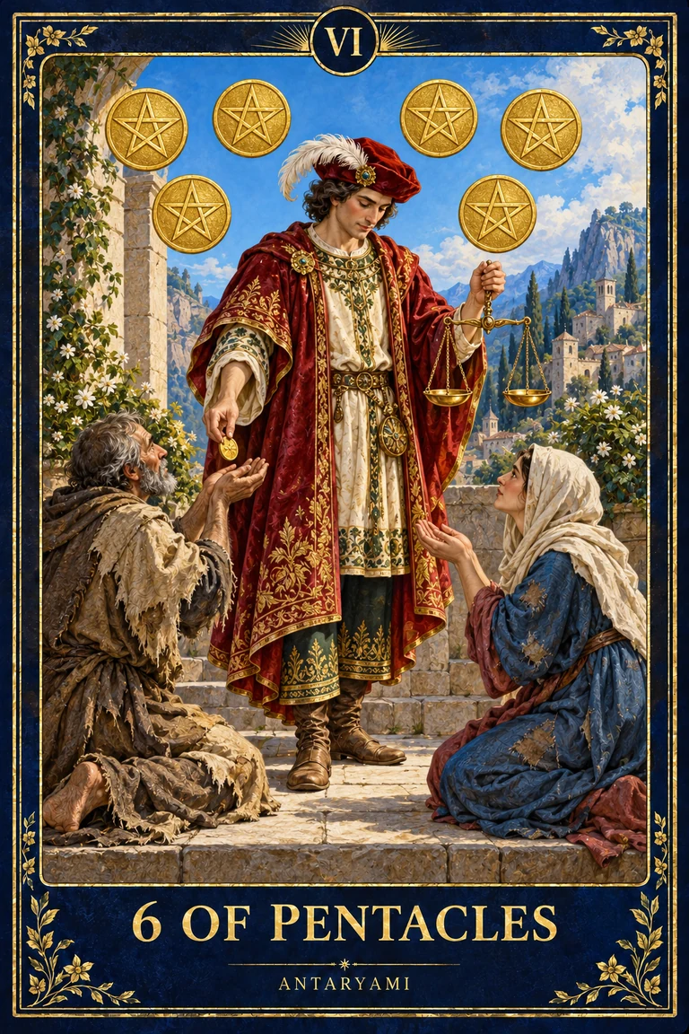 Original Antaryami Six of Pentacles showing a standing figure holding scales and offering coins to two kneeling recipients beneath six golden pentacles.