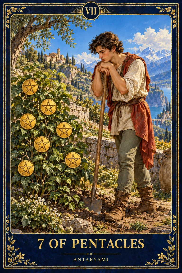 Original Antaryami Seven of Pentacles showing a standing figure leaning on a tool and examining seven pentacles growing among leaves in a cultivated garden.