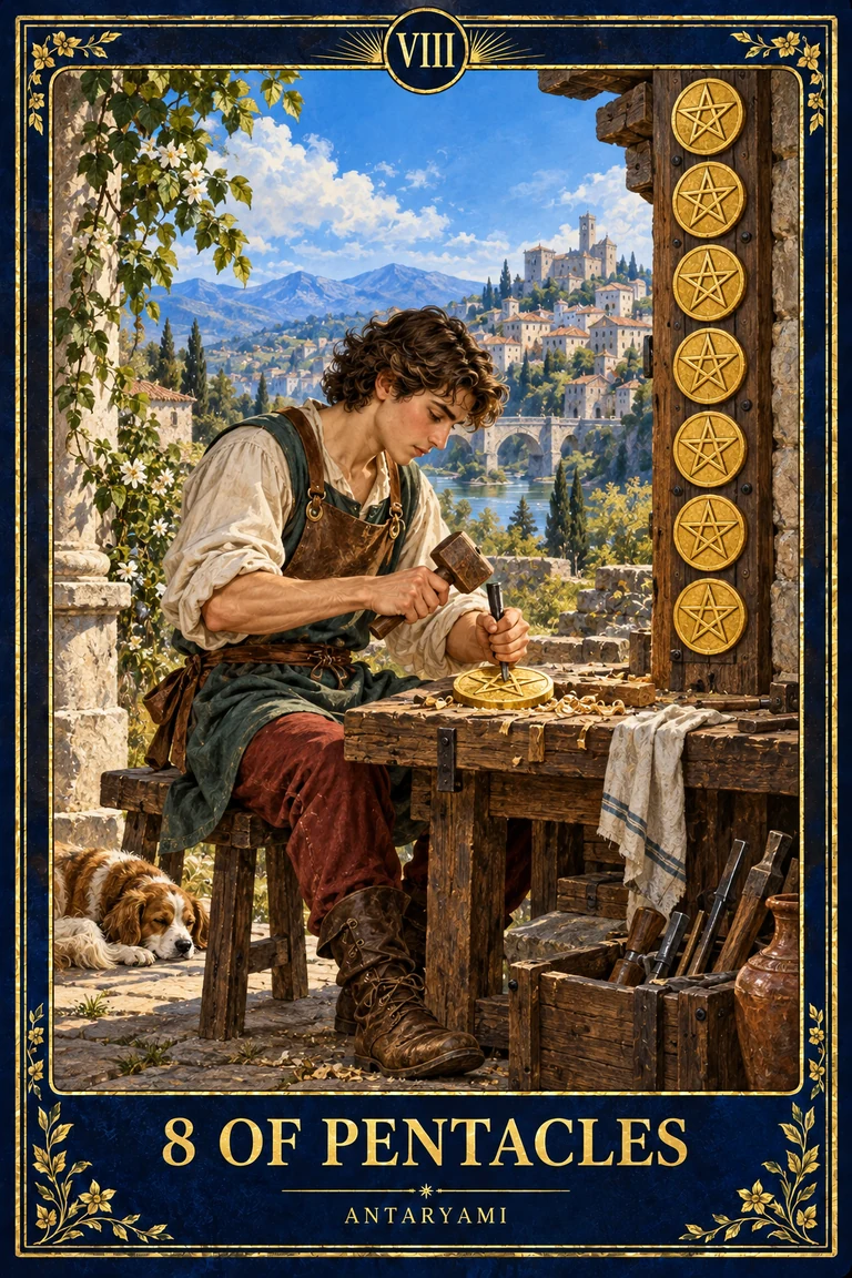 Original Antaryami Eight of Pentacles showing a craftsperson working at a wooden bench, with finished pentacles arranged along a vertical beam in a garden workshop.