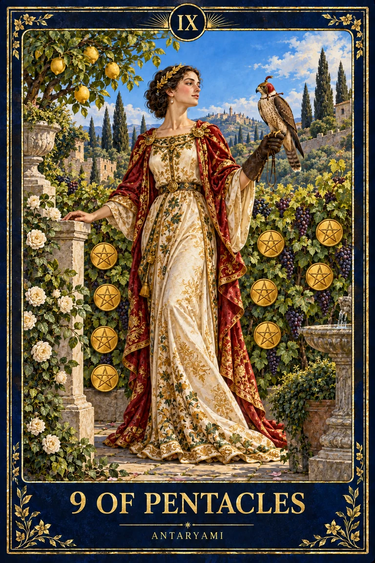Original Antaryami Nine of Pentacles showing a richly dressed figure standing in a flowering vineyard with a bird on one hand and nine pentacles among the plants.