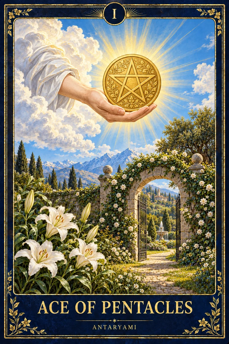 Original Antaryami Ace of Pentacles showing a hand emerging from a cloud with a golden pentacle above a flowering garden path and an archway.