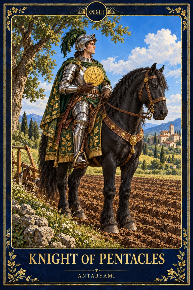 Original Antaryami Knight of Pentacles showing an armoured rider holding a pentacle on a dark horse standing beside cultivated fields.