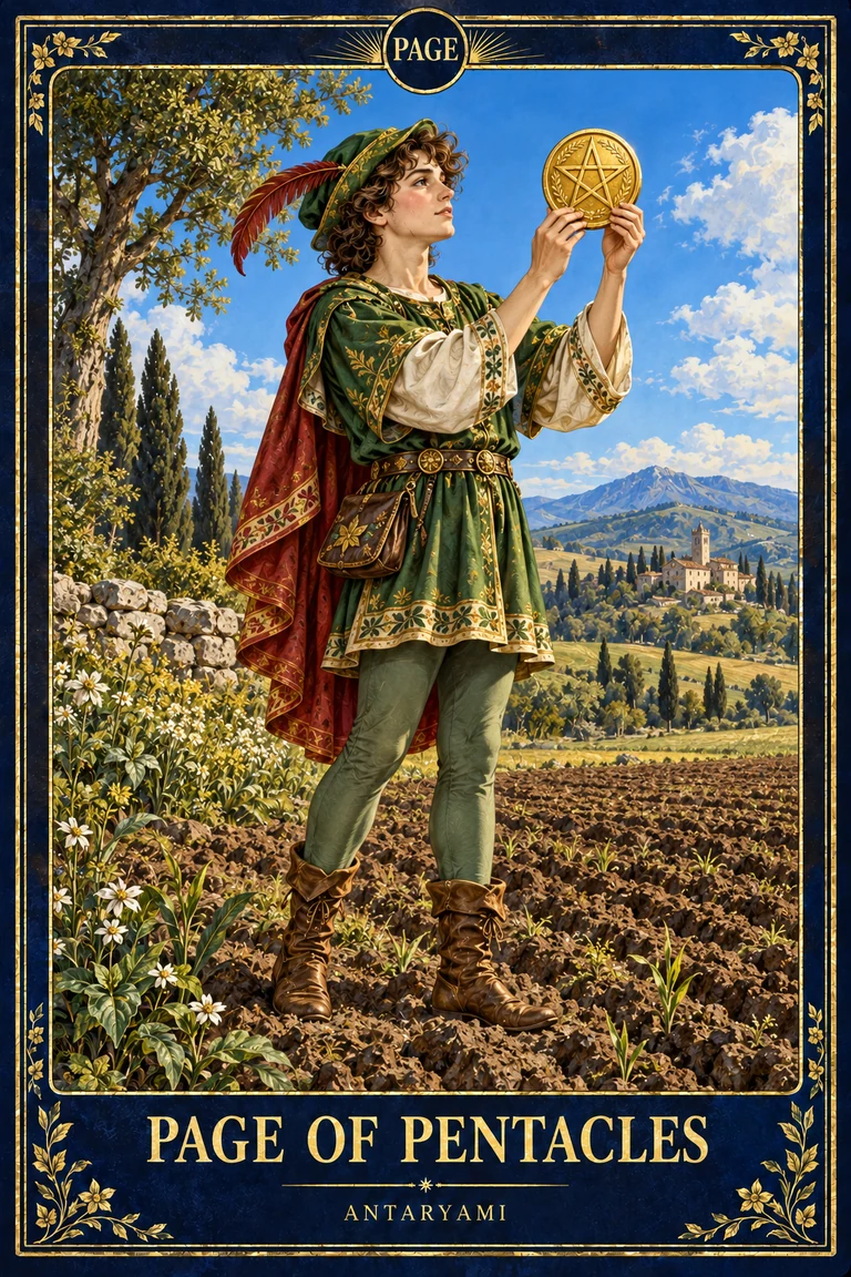 Original Antaryami Page of Pentacles showing a standing figure holding a pentacle at eye level above a cultivated field, with hills and trees behind.