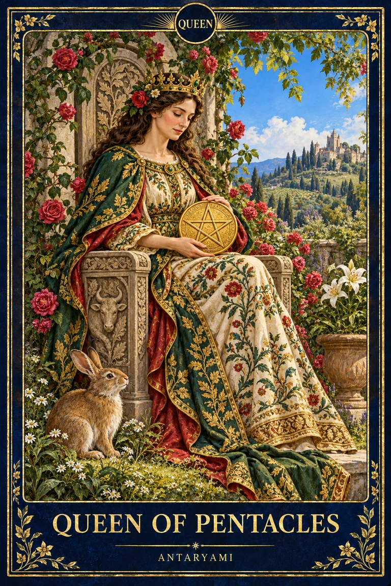 Original Antaryami Queen of Pentacles showing a seated crowned figure holding a pentacle in a flowering garden, with a rabbit beside the carved throne.