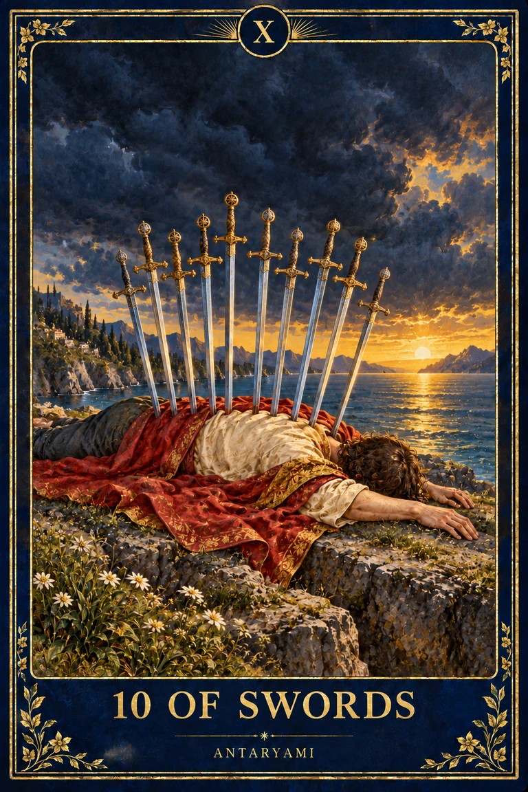 Original Antaryami Ten of Swords showing a prone figure beneath ten blades, with a dark sky lifting toward a bright horizon.
