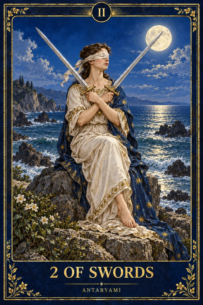 Original Antaryami Two of Swords showing a blindfolded seated figure holding crossed blades beside still water beneath a bright moon.