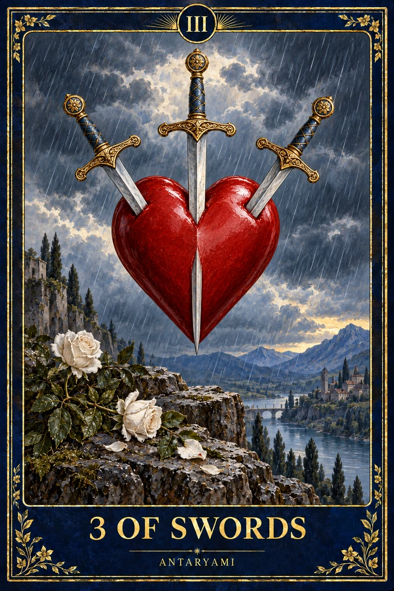 Original Antaryami Three of Swords with three blades crossing a red heart above roses, distant mountains and a rain-filled sky.