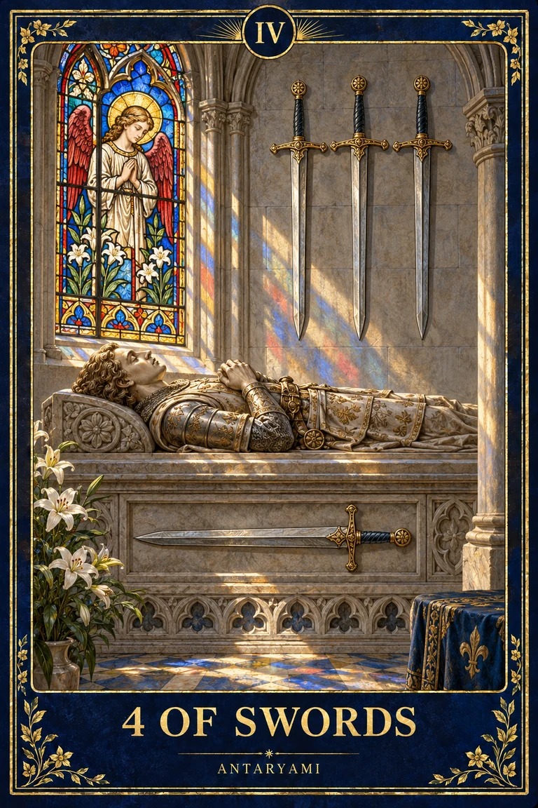 Original Antaryami Four of Swords with a reclining stone knight, three upright wall blades, a fourth horizontal sword and a sunlit stained-glass window.