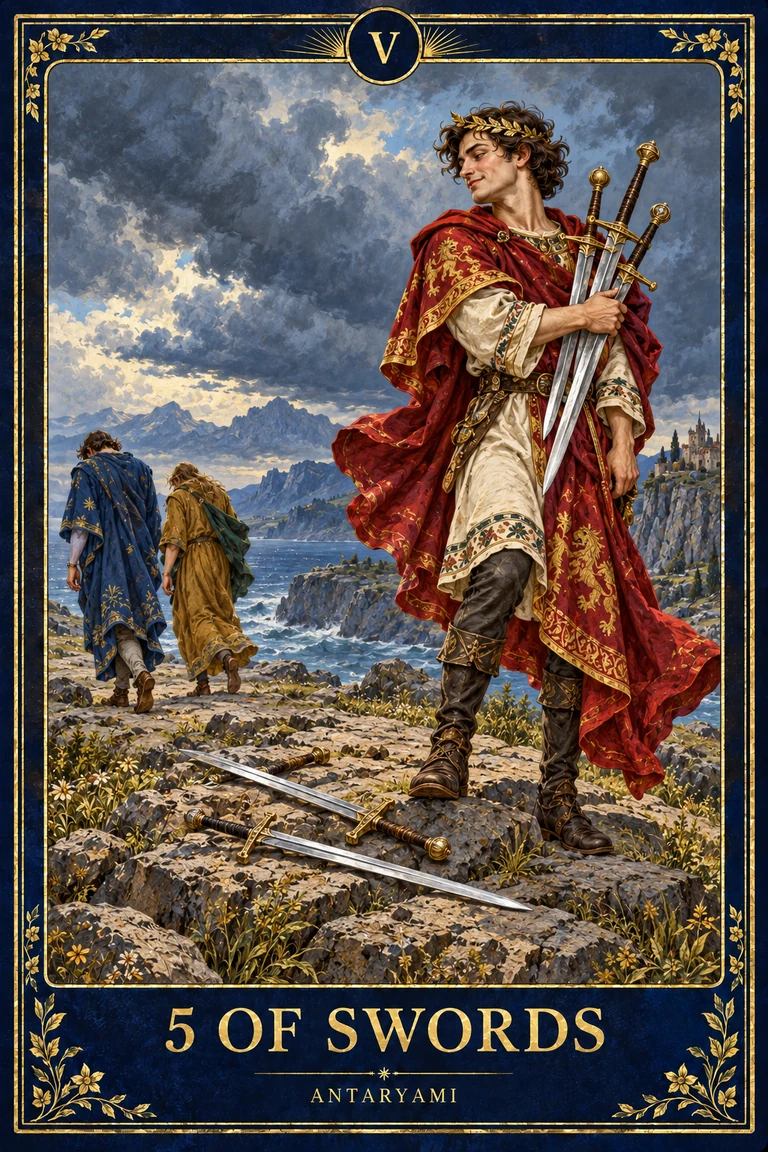 Original Antaryami Five of Swords showing a red-cloaked figure holding several blades while two figures walk away beneath a cloudy sky.