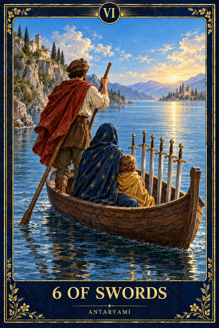 Original Antaryami Six of Swords showing a boat carrying seated passengers and upright blades across blue water toward a distant shore.
