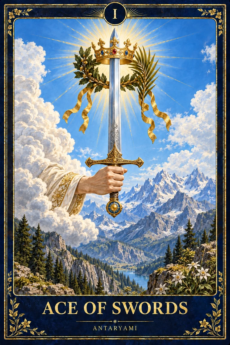 Original Antaryami Ace of Swords with a cloud-held upright blade passing through a crown above a bright mountainous landscape.