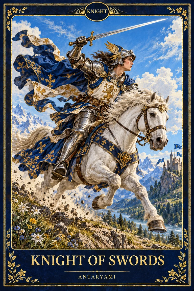 Original Antaryami Knight of Swords showing an armoured rider charging on a white horse with a raised sword beneath wind-driven clouds.